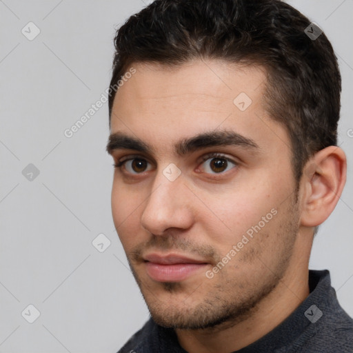 Neutral white young-adult male with short  brown hair and brown eyes