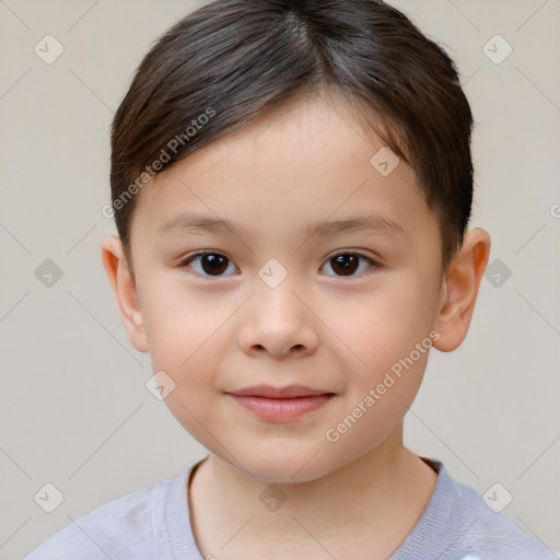 Joyful white child female with short  brown hair and brown eyes