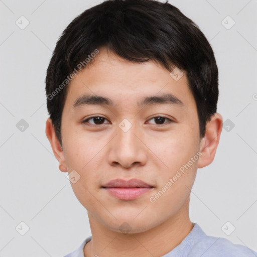 Neutral asian young-adult male with short  brown hair and brown eyes