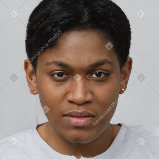 Joyful black young-adult female with short  black hair and brown eyes