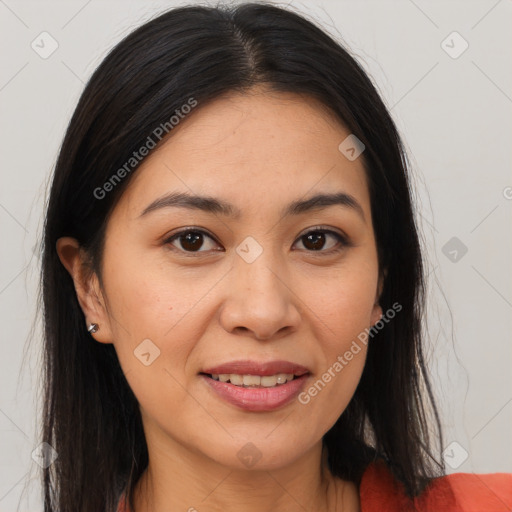 Joyful white young-adult female with long  brown hair and brown eyes