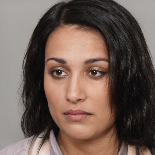 Neutral asian young-adult female with medium  black hair and brown eyes