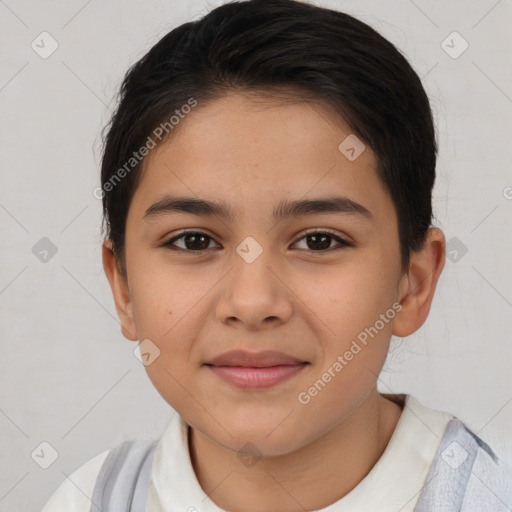 Joyful white child female with short  brown hair and brown eyes