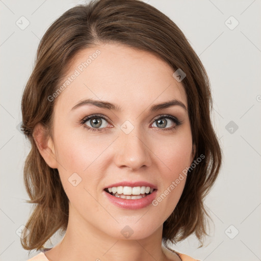 Joyful white young-adult female with medium  brown hair and green eyes