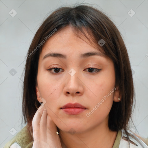 Neutral white young-adult female with medium  brown hair and brown eyes