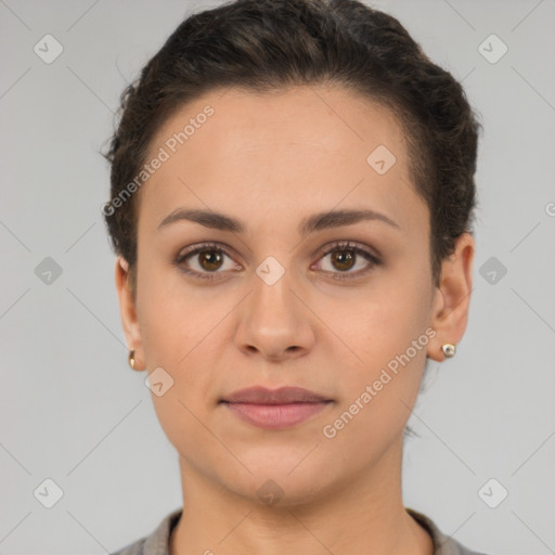 Neutral white young-adult female with short  brown hair and brown eyes