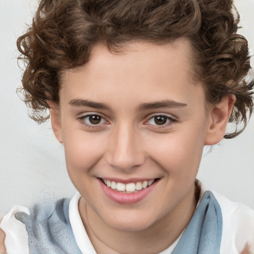 Joyful white child female with medium  brown hair and brown eyes