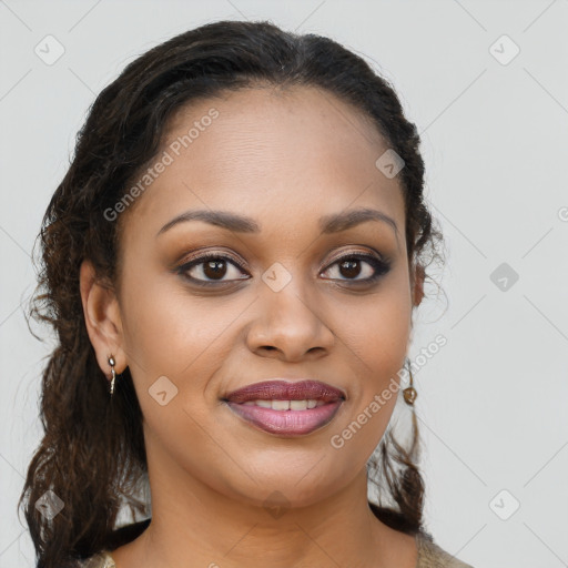 Joyful latino young-adult female with long  brown hair and brown eyes