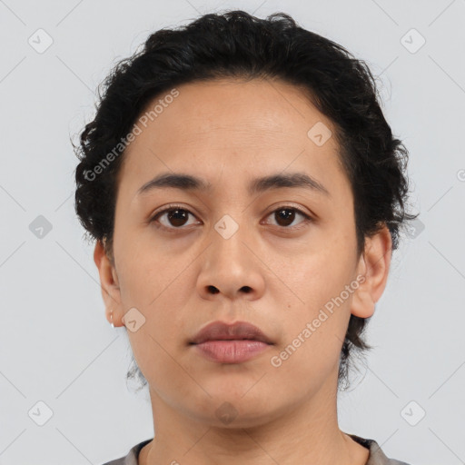 Neutral asian young-adult female with short  black hair and brown eyes