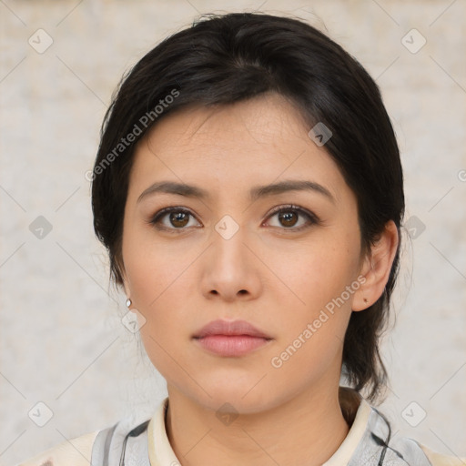 Neutral asian young-adult female with medium  brown hair and brown eyes