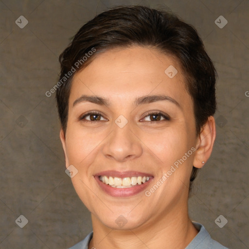 Joyful white young-adult female with short  brown hair and brown eyes