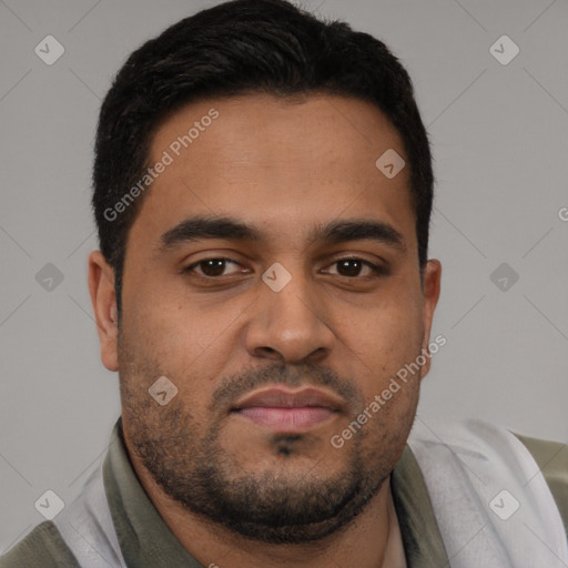 Neutral latino young-adult male with short  brown hair and brown eyes