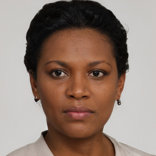 Neutral black young-adult female with short  black hair and brown eyes