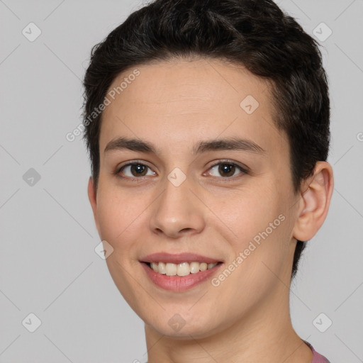 Joyful white young-adult female with short  brown hair and brown eyes