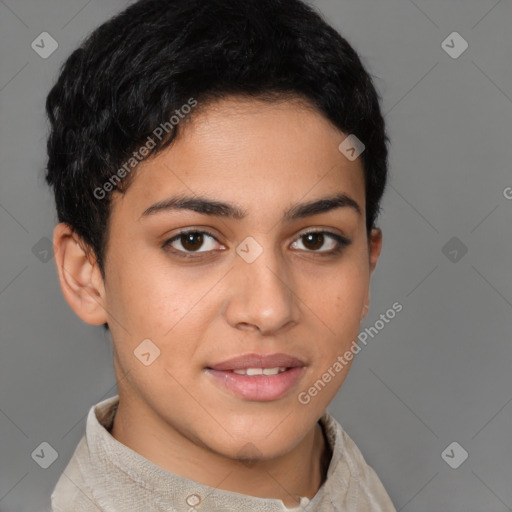 Joyful latino young-adult female with short  brown hair and brown eyes