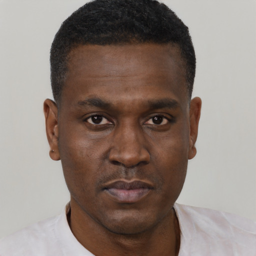 Neutral black young-adult male with short  black hair and brown eyes