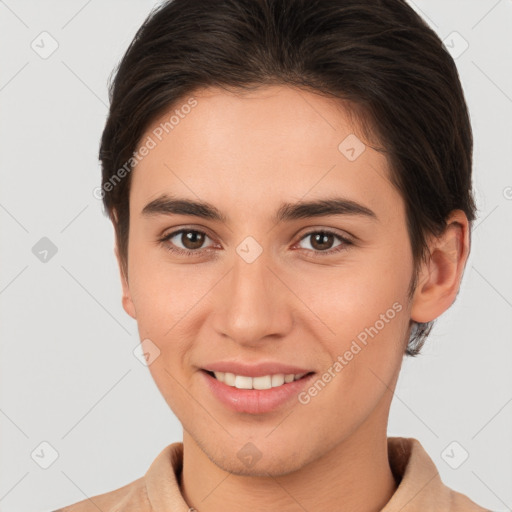 Joyful white young-adult female with short  brown hair and brown eyes