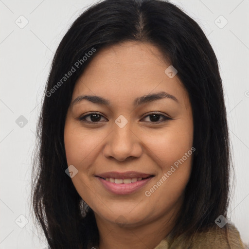 Joyful latino young-adult female with long  brown hair and brown eyes