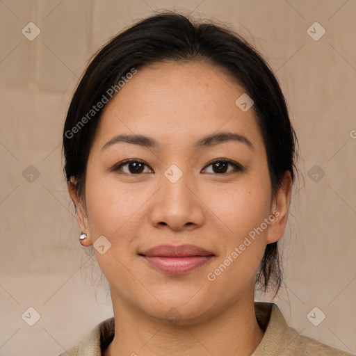 Joyful asian young-adult female with medium  brown hair and brown eyes