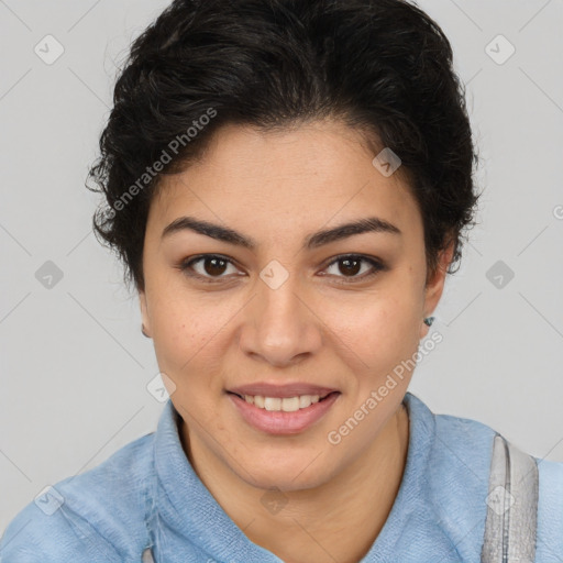 Joyful latino young-adult female with short  brown hair and brown eyes