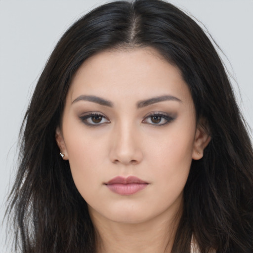 Neutral asian young-adult female with long  brown hair and brown eyes