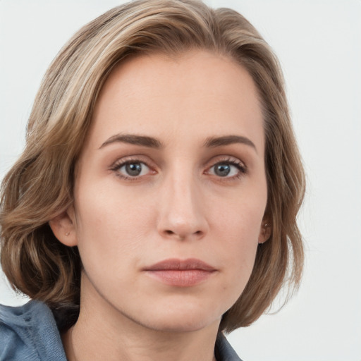 Neutral white young-adult female with medium  brown hair and grey eyes