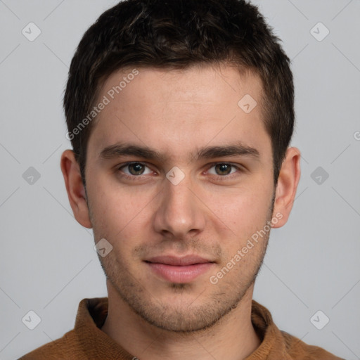 Neutral white young-adult male with short  brown hair and brown eyes