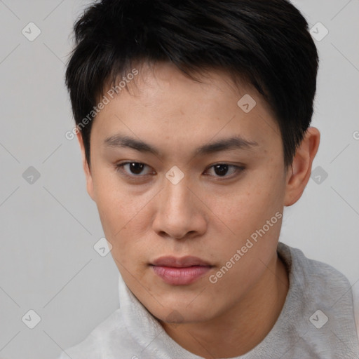 Neutral asian young-adult female with short  brown hair and brown eyes
