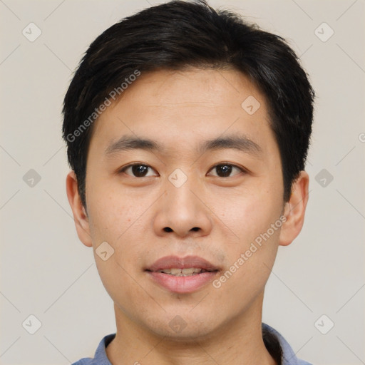 Neutral asian young-adult male with short  black hair and brown eyes