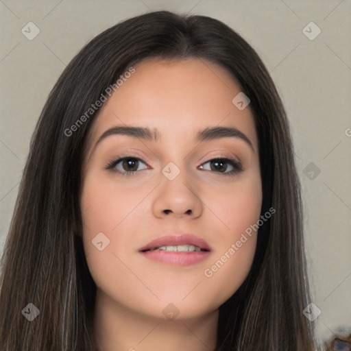 Neutral white young-adult female with long  brown hair and brown eyes