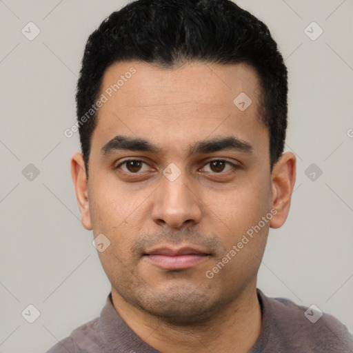 Neutral latino young-adult male with short  black hair and brown eyes