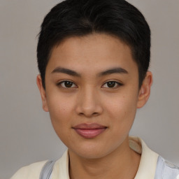 Joyful asian young-adult female with short  brown hair and brown eyes