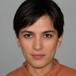 Neutral white young-adult female with short  brown hair and brown eyes