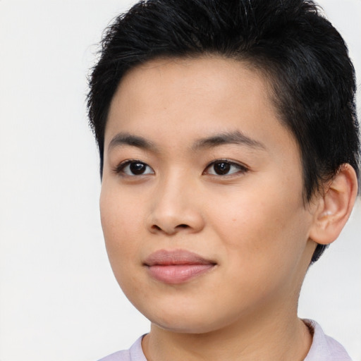 Joyful white young-adult female with short  black hair and brown eyes