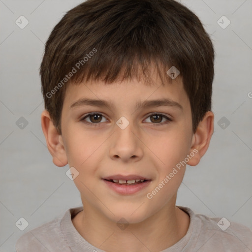 Joyful white child male with short  brown hair and brown eyes