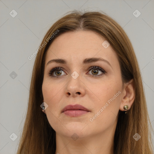 Neutral white young-adult female with long  brown hair and brown eyes