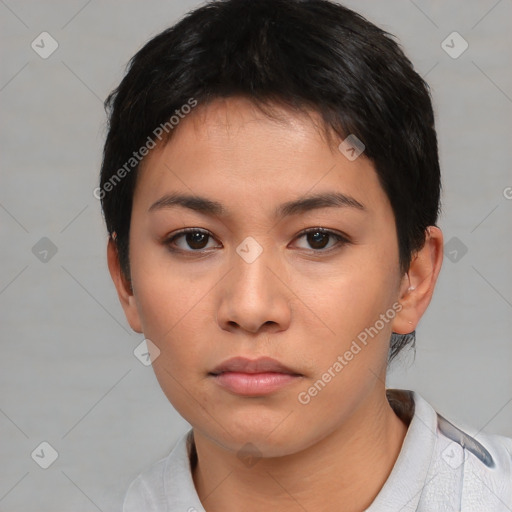 Neutral asian young-adult female with short  brown hair and brown eyes