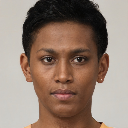 Neutral latino young-adult male with short  brown hair and brown eyes