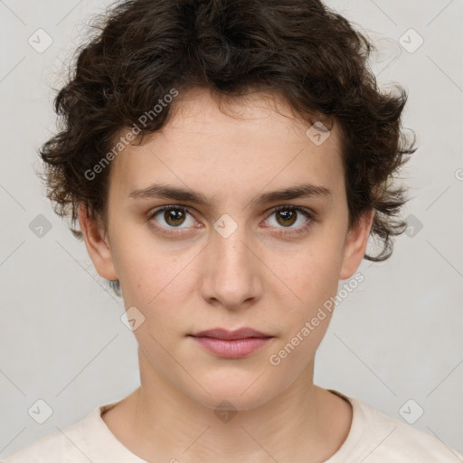 Neutral white young-adult female with short  brown hair and brown eyes