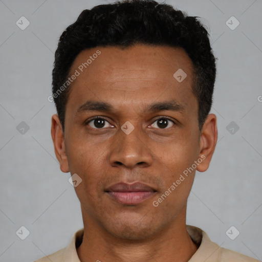 Neutral latino young-adult male with short  black hair and brown eyes