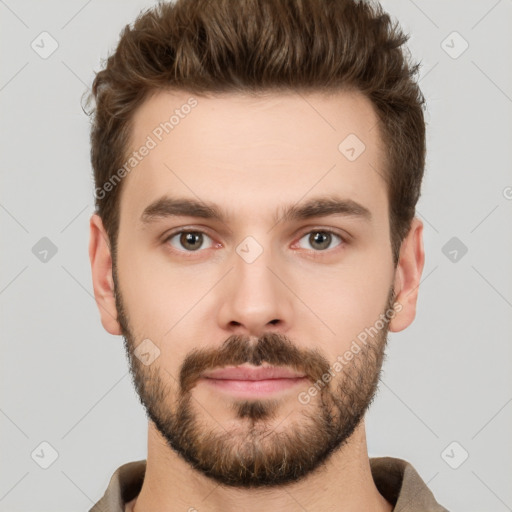 Neutral white young-adult male with short  brown hair and brown eyes