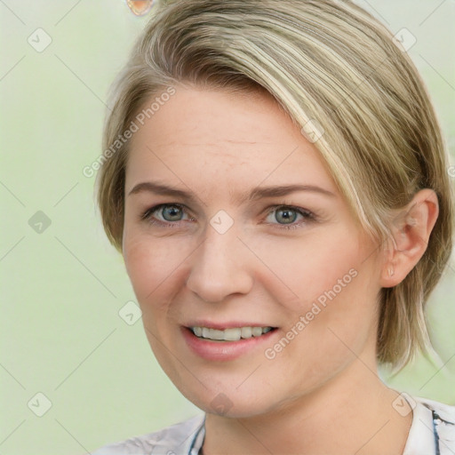 Joyful white young-adult female with medium  brown hair and blue eyes