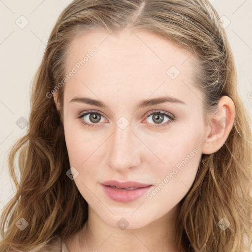 Joyful white young-adult female with long  brown hair and blue eyes