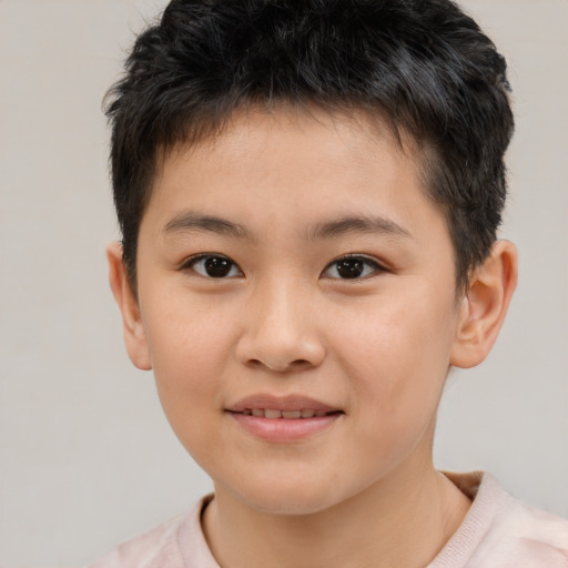 Joyful asian child male with short  brown hair and brown eyes