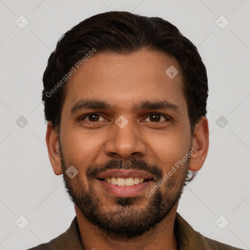 Joyful black young-adult male with short  black hair and brown eyes