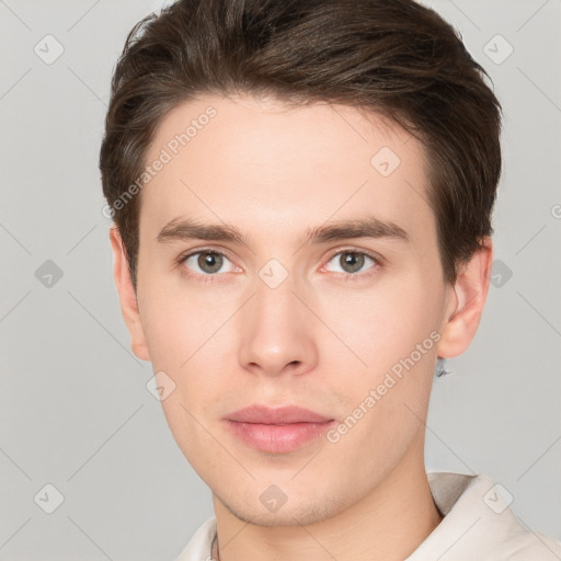 Neutral white young-adult male with short  brown hair and brown eyes