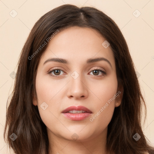 Neutral white young-adult female with long  brown hair and brown eyes