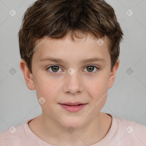 Joyful white child male with short  brown hair and brown eyes