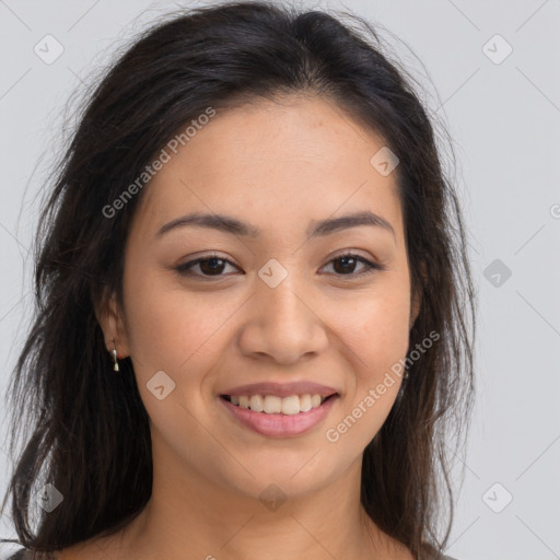 Joyful white young-adult female with long  brown hair and brown eyes