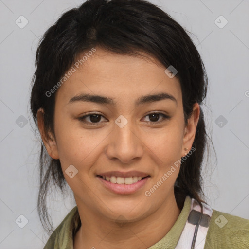 Joyful latino young-adult female with medium  brown hair and brown eyes